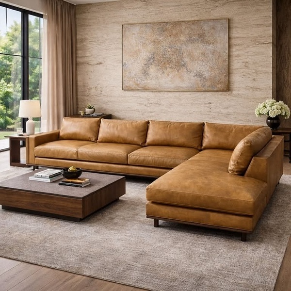 leather sofa, sectional sofa, living room furniture, corner sofa, l-shaped sofa, brand awareness, lifestyle, calm, luxurious, brown, neutral